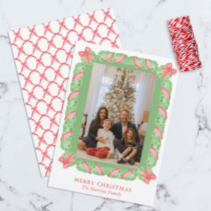 Cartes Pour Fêtes Annuelles Aquarelle Garland vert et Bow rouge photo de Noël