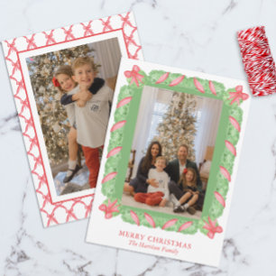 Cartes Pour Fêtes Annuelles Aquarelle Garland vert et Bow rouge photo de Noël