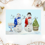 Cartes Pour Fêtes Annuelles Aquarelle Hanoukka et Christmas Snowman<br><div class="desc">This design may be personalized in the area provided by changing the Phoand/or text. Or it can be customized by choosing the click to customize further option and delete or change the color of the background, add text, change the text color style, or delete the text for an image only...</div>