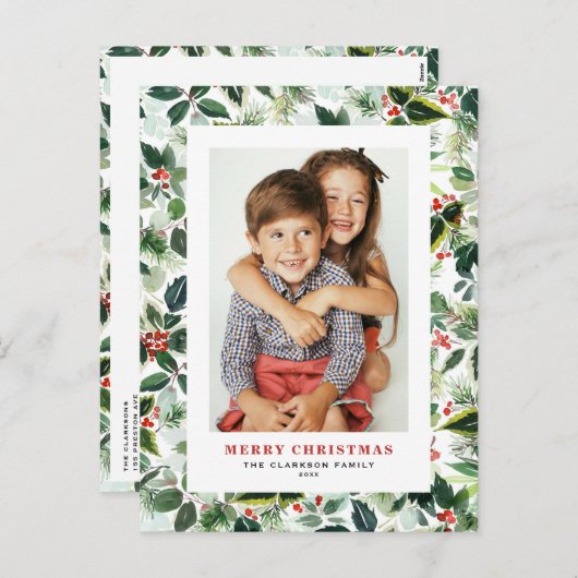 Cartes Pour Fêtes Annuelles Aquarelle hiver verdure Joyeux Noël Photo (Devant / Derrière)