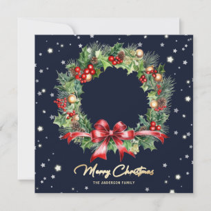 Cartes Pour Fêtes Annuelles Aquarelle Holly Berries Pine Wreath Blue Photo