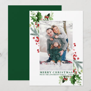 Cartes Pour Fêtes Annuelles Aquarelle Holly Greenery Famille Photo Vert