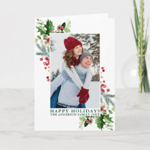 Cartes Pour Fêtes Annuelles Aquarelle Holly Greenery Photo Vert Plié
