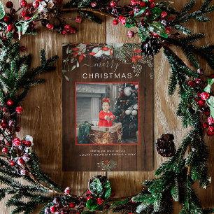 Cartes Pour Fêtes Annuelles Aquarelle Holly Joyeux Noël Photo Bois foncé
