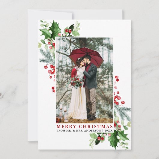 Cartes Pour Fêtes Annuelles Aquarelle Holly Noël Vert Mariage rouge (Devant)