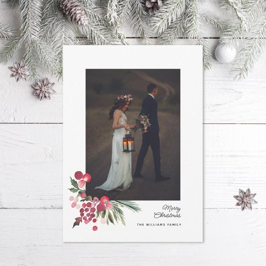 Cartes Pour Fêtes Annuelles Aquarelle Holly Pine Élégante Photo de Noël