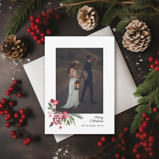 Cartes Pour Fêtes Annuelles Aquarelle Holly Pine Élégante Photo de Noël