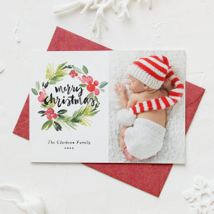 Cartes Pour Fêtes Annuelles Aquarelle Holly Wreath Joyeux Noël Photo