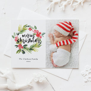 Cartes Pour Fêtes Annuelles Aquarelle Holly Wreath Joyeux Noël Photo