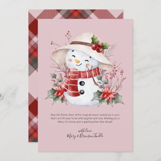 Cartes Pour Fêtes Annuelles Aquarelle homme de neige avec Holly (Devant / Derrière)