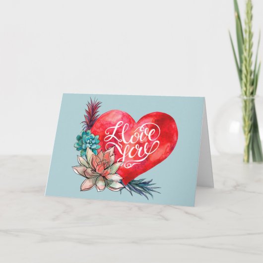 Cartes Pour Fêtes Annuelles Aquarelle Je t'aime Coeur Succulents Valentine (Devant)