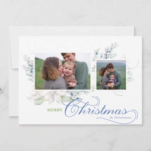 Cartes Pour Fêtes Annuelles Aquarelle Joyeux Noël Script Juniper Photo (Devant)