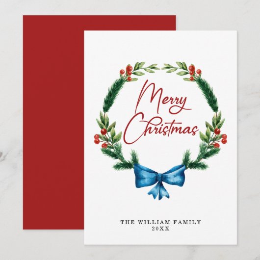 Cartes Pour Fêtes Annuelles Aquarelle Joyeux Noël vert couronne (Devant / Derrière)