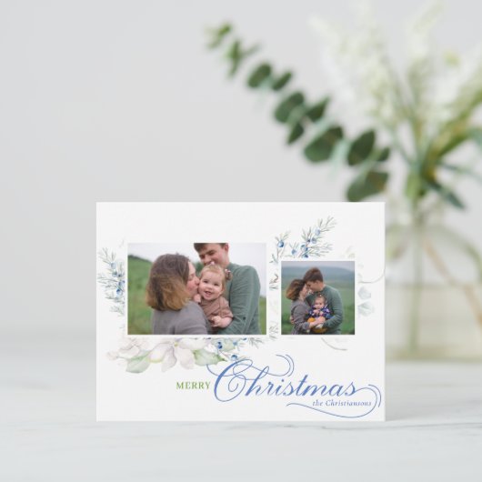 Cartes Pour Fêtes Annuelles Aquarelle Joyeux Script de Noël Juniper 2 photos (Debout devant)