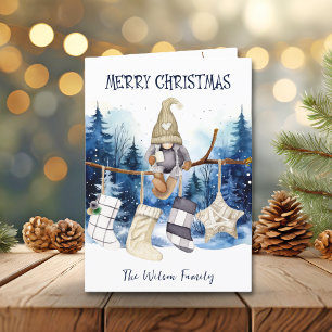 Cartes Pour Fêtes Annuelles Aquarelle Lady Gnome Forêt Bleue Joyeux Noël