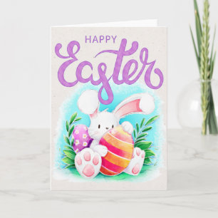 Cartes Pour Fêtes Annuelles Aquarelle Lapin de Pâques avec Oeuf - Joyeux Pâque