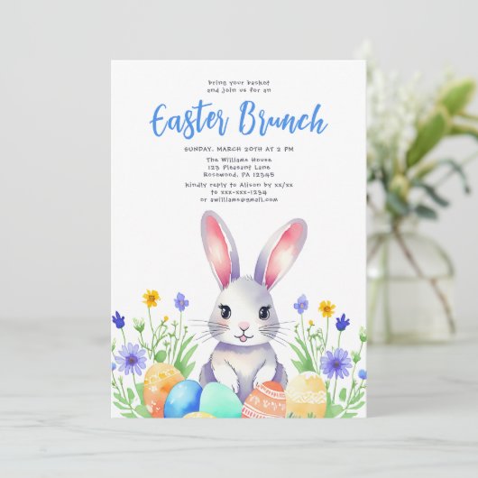 Cartes Pour Fêtes Annuelles Aquarelle Lapin Floral Lapin Pâques Brunch (Debout devant)
