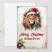 Cartes Pour Fêtes Annuelles Aquarelle Lion Noël (Devant / Derrière)