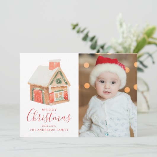 Cartes Pour Fêtes Annuelles Aquarelle Maison en pain d'épice Joyeux Noël Photo (Debout devant)