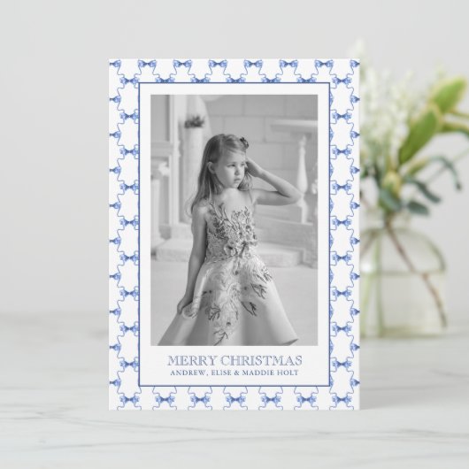 Cartes Pour Fêtes Annuelles Aquarelle Marine Blue Bows Photo de Noël (Debout devant)