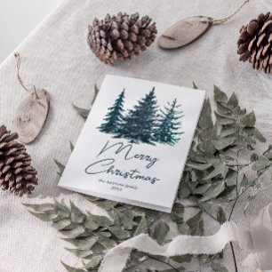 Cartes Pour Fêtes Annuelles Aquarelle Marine Pins Bleus Arbres Joyeux Noël