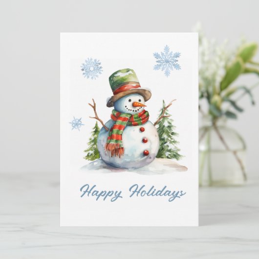 Cartes Pour Fêtes Annuelles Aquarelle mignonne Moderne Rouge Vert Blanc Snowma (Debout devant)