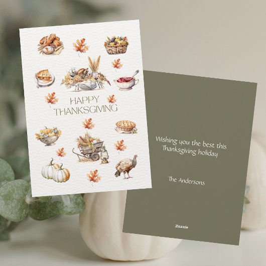 Cartes Pour Fêtes Annuelles Aquarelle Moderne de Remerciement Verte d'Automne