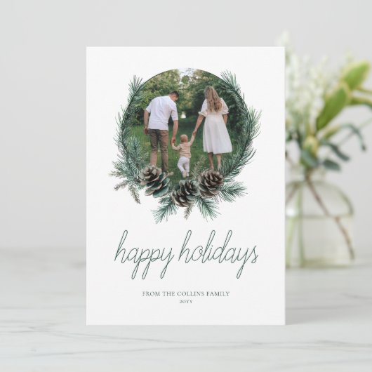 Cartes Pour Fêtes Annuelles Aquarelle moderne Wreath Photo Joyeuses Fêtes (Debout devant)