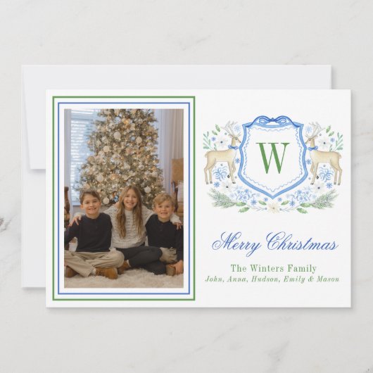 Cartes Pour Fêtes Annuelles Aquarelle Monogramme Initiale Reindeder Crest Phot (Devant)