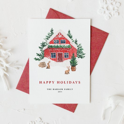 Cartes Pour Fêtes Annuelles Aquarelle neige Cottage rouge Forêt À feuillage pe