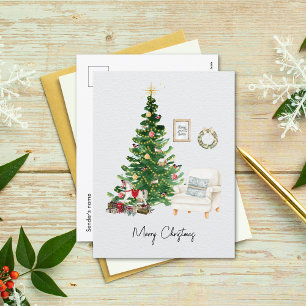 Cartes Pour Fêtes Annuelles Aquarelle Noël Arbre et Canapé Chaise Noël