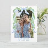 Cartes Pour Fêtes Annuelles Aquarelle Noël bleu Bow Garland Photo (Debout devant)