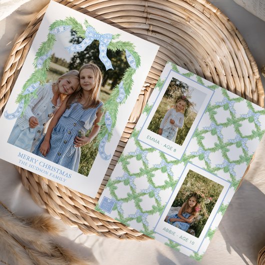 Cartes Pour Fêtes Annuelles Aquarelle Noël bleu Bow Garland Photo