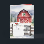 Cartes Pour Fêtes Annuelles Aquarelle Noël Grange Et Snowman<br><div class="desc">Grange rouge avec couronne verte de Noël,  bonhomme de neige et vieille clôture rustique en flocons de neige.</div>