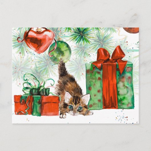 Cartes Pour Fêtes Annuelles Aquarelle Noël Kitten Tree présente (Devant)