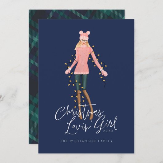 Cartes Pour Fêtes Annuelles Aquarelle Noël Lovin' Girl Enveloppée Dans Les Lum (Devant / Derrière)