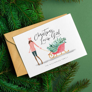 Cartes Pour Fêtes Annuelles Aquarelle Noël Lovin' Girl Pulling Sleigh