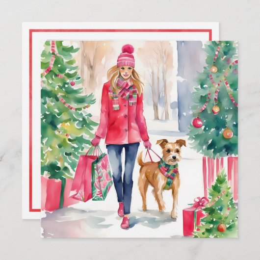 Cartes Pour Fêtes Annuelles Aquarelle Noël Mode Shopping Girl Photo (Devant / Derrière)