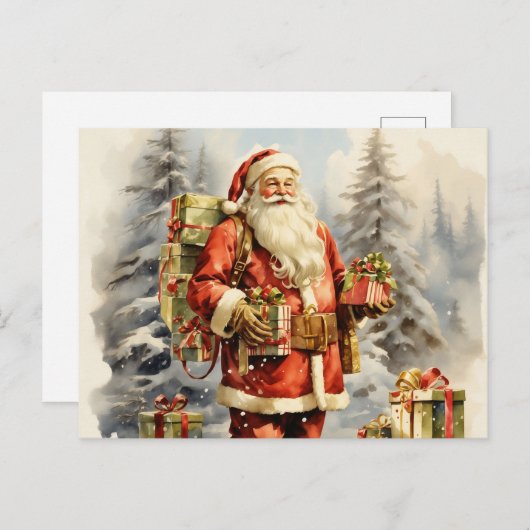 Cartes Pour Fêtes Annuelles Aquarelle Noël Père Noël avec présentants (Devant / Derrière)