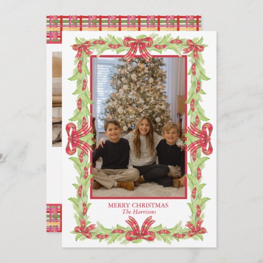 Cartes Pour Fêtes Annuelles Aquarelle Noël Plaid Bow Garland (Devant / Derrière)