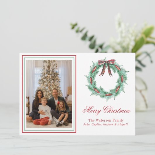 Cartes Pour Fêtes Annuelles Aquarelle Noël Plaid Bow Wirath Photo (Debout devant)