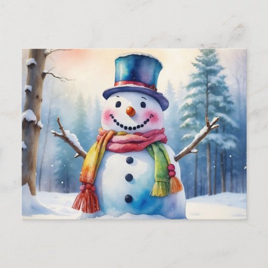Cartes Pour Fêtes Annuelles Aquarelle Noël Snowman en forêt d'hiver (Devant)