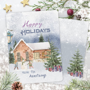 Cartes Pour Fêtes Annuelles Aquarelle Noël Snowman scène de famille