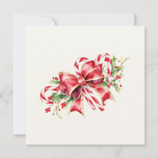 Cartes Pour Fêtes Annuelles Aquarelle Nœud de houx rouge canne de bonbon
