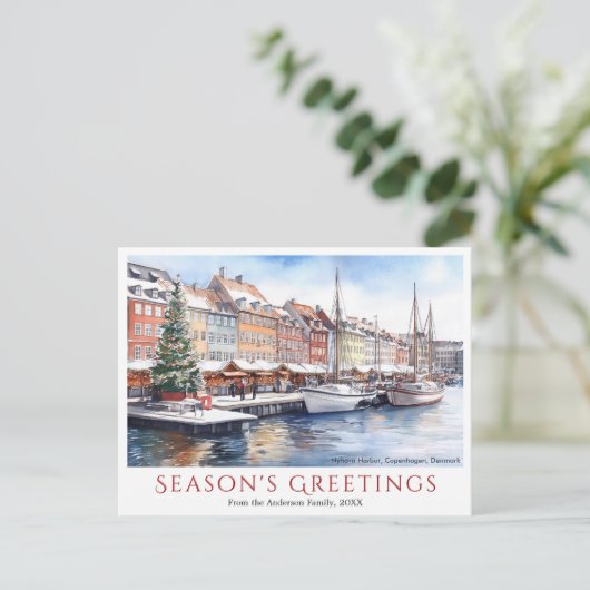Cartes Pour Fêtes Annuelles Aquarelle Nyhavn Copenhagen Danemark Noël (Debout devant)