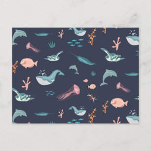 Cartes Pour Fêtes Annuelles Aquarelle Océan Sea Animaux Motif bleu