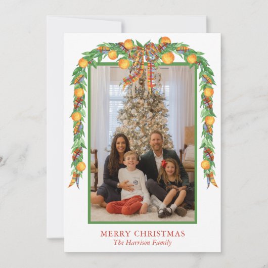 Cartes Pour Fêtes Annuelles Aquarelle Oranges Bow Garland Photo Noël (Devant)
