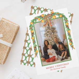 Cartes Pour Fêtes Annuelles Aquarelle Oranges Bow Garland Photo Noël