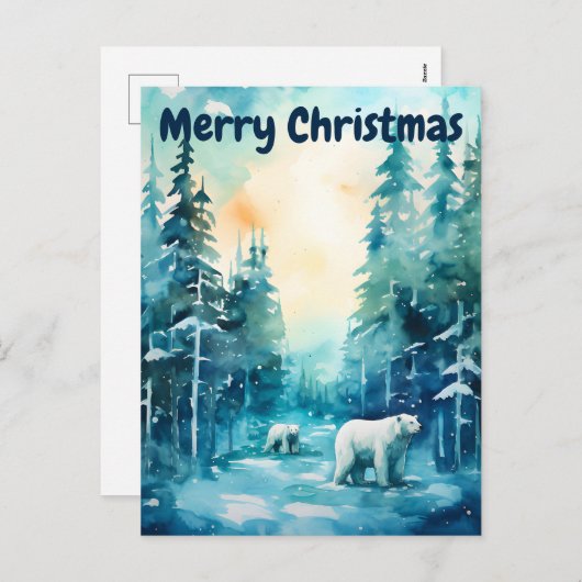 Cartes Pour Fêtes Annuelles Aquarelle Paysage hivernal Pôle Nord Noël (Devant / Derrière)