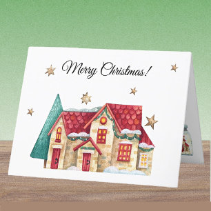 Cartes Pour Fêtes Annuelles Aquarelle personnalisée Maison d'hiver Joyeux Noël
